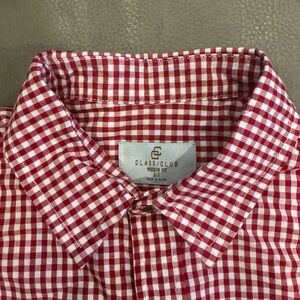 Class Club button up red and white shirt